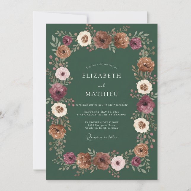Deep Green Rustic Floral Wedding Invitation (Front)