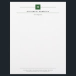 Deep Green Square Monogram Elegant Minimalist Letterhead<br><div class="desc">Professional letterhead in white with black fonts and your initial in white against a dark green square with thin lines framing your name, title, and contact information. Elegant and clean letterhead personalized with monogram, name, title, and contact info in a minimalist and timeless black, deep green, and white design. Manly...</div>