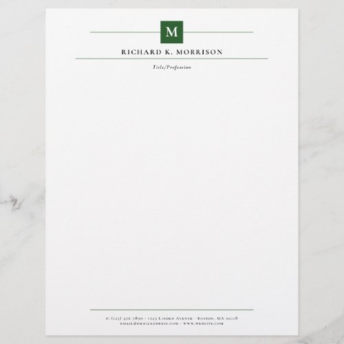 Deep Green Square Monogram Elegant Minimalist Letterhead