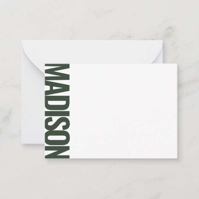 Deep Green Vertical Big Name Bold Typography Note Card (Front)