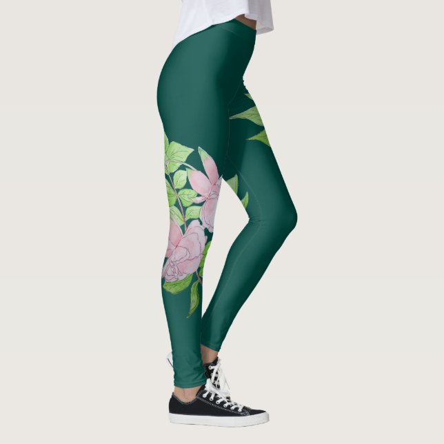 deep green with large pink flower pattern floral leggings (Right)