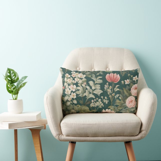 Deep Green with Pastel Woodsy Flowers Lumbar Pillow (Chair)