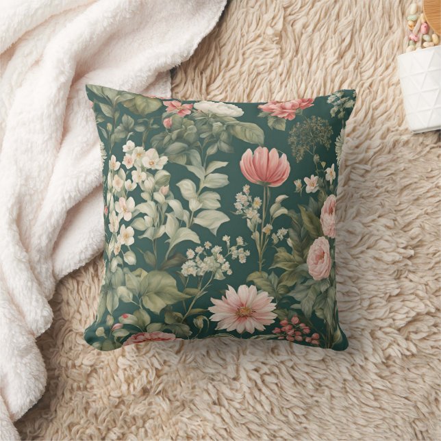 Deep Green with Pastel Woodsy Flowers Throw Pillow (Blanket)
