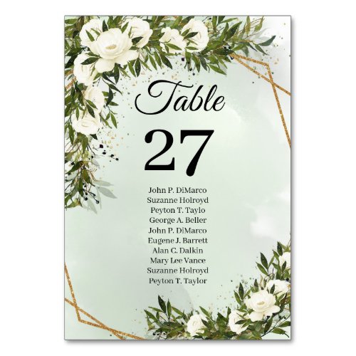 Deep Greenery foliage olive white roses gold frame Table Number