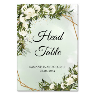 Deep Greenery foliage olive white roses gold head Table Number