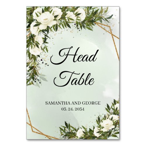 Deep Greenery foliage olive white roses gold head  Table Number