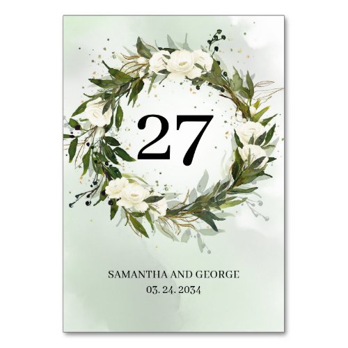 Deep Greenery foliage olive wreath white roses Table Number