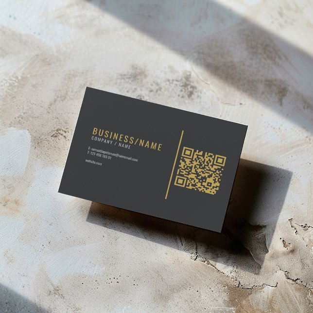 Deep Grey and luxury gold QR code Business Card (Gold and grey modern business card with QR code and sans serif text)