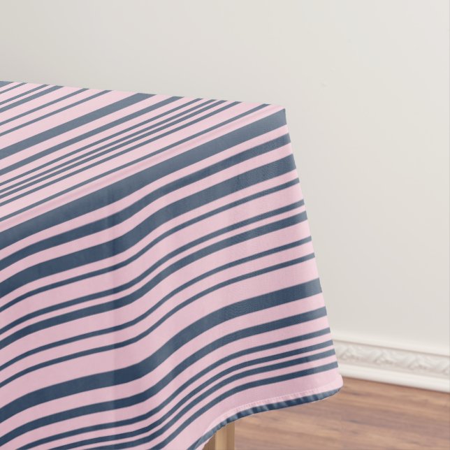 Deep Grey Blue and Pink Stripes Tablecloth (In Situ)