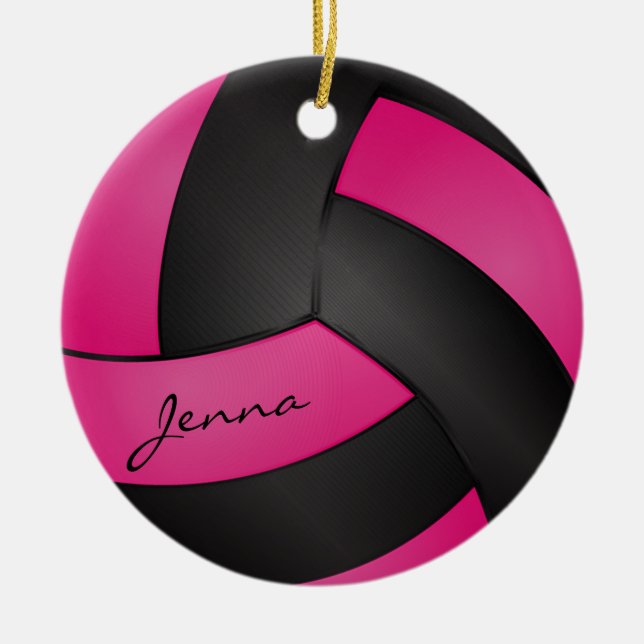 Deep Hot Pink and Black Personalize Volleyball Ceramic Ornament (Front)