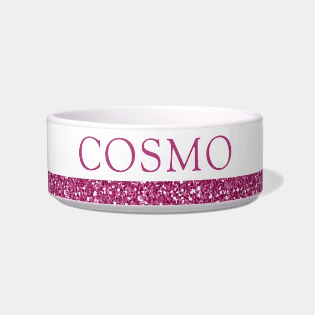 Deep Hot Pink Fuchsia Glitter Sparkle Name Pet Bowl (Front)