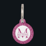 Deep Hot Pink Glitter Pink Sparkle Pretty Girly Pet ID Tag<br><div class="desc">Deep hot pink glitter printed background with a custom cat or dog name and monogram. Type in your personalized text for a sparkly pet ID collar charm. See our collection of coordinating bowls and get a set!</div>