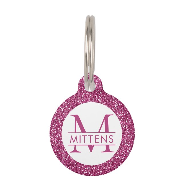 Deep Hot Pink Glitter Pink Sparkle Pretty Girly Pet ID Tag (Front)