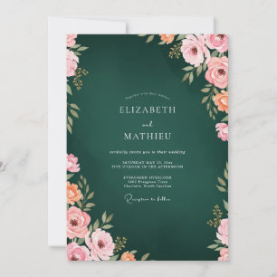 Deep Hunter Coral Ranunculus Eucalyptus Wedding Invitation