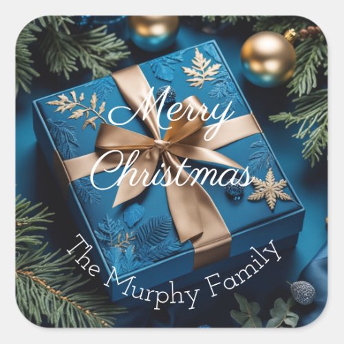Deep Ice Blue and Gold Christmas Gifts  Square Sticker