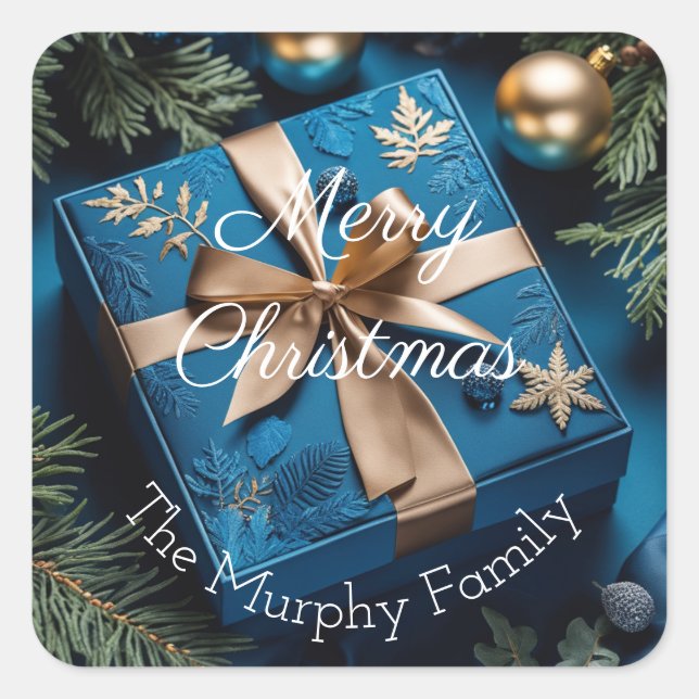 Deep Ice Blue and Gold Christmas Gifts  Square Sticker (Front)