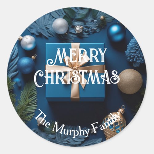 Deep Ice Blue and Gold Wrapped Christmas Gifts  Classic Round Sticker