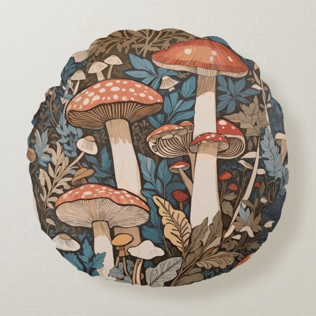 Deep In the Forest Mushrooms Round Pillow (Front)
