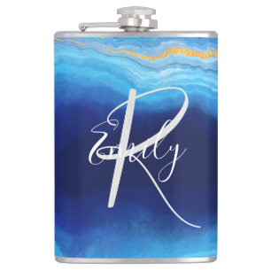 Deep Indigo Agate Marble Abstract Name Monogram Co Flask
