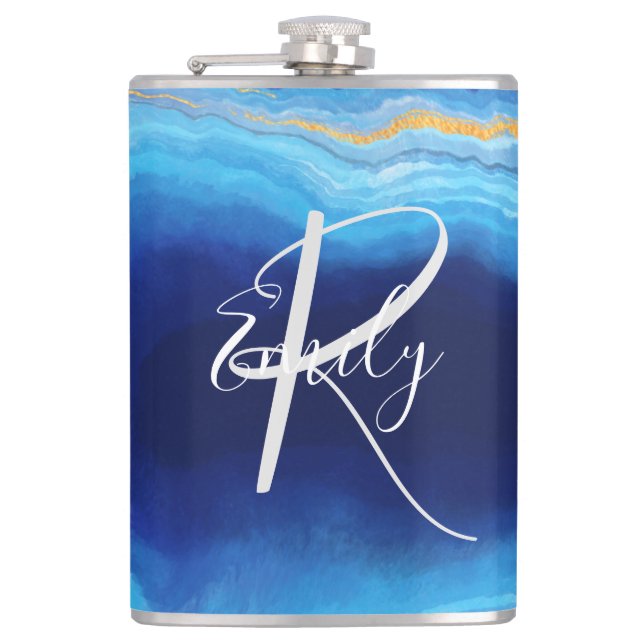 Deep Indigo Agate Marble Abstract Name Monogram Co Flask (Front)