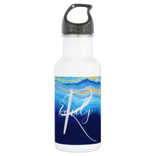 Deep Indigo Agate Marble Abstract Name Monogram Co Stainless Steel Water Bottle