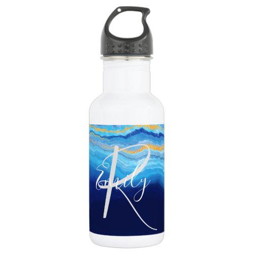 Deep Indigo Agate Marble Abstract Name Monogram Co Stainless Steel Water Bottle