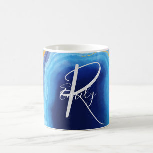 Deep Indigo Agate Marble Abstract Name Monogram Coffee Mug