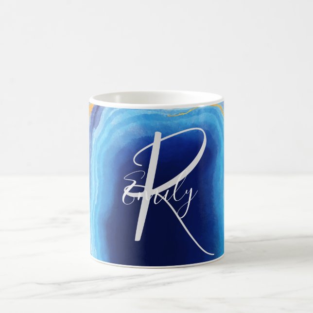 Deep Indigo Agate Marble Abstract Name Monogram Coffee Mug (Center)