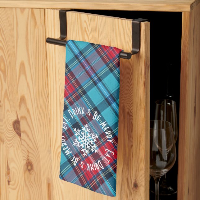 Deep Indigo, Aqua, Red & Shades of Blue Plaid Kitchen Towel (Thirds Fold)