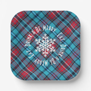 Deep Indigo, Aqua, Red & Shades of Blue Plaid Paper Plates