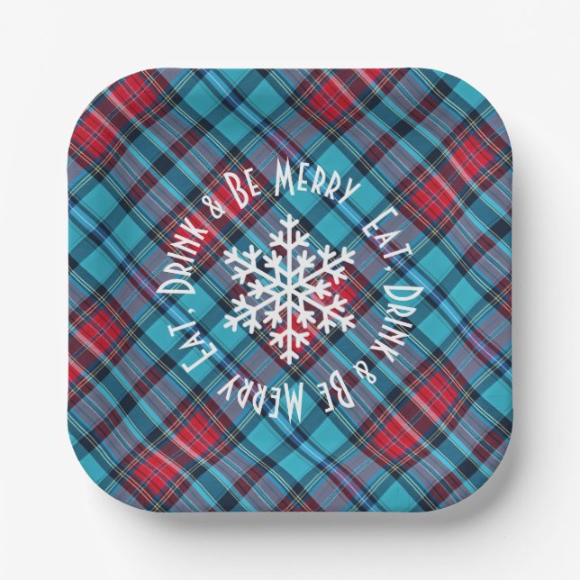 Deep Indigo, Aqua, Red & Shades of Blue Plaid Paper Plates (Front)