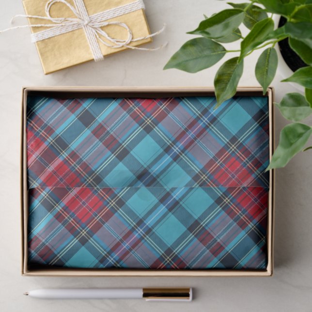 Deep Indigo, Aqua, Red & Shades of Blue Plaid Tissue Paper (Gift)