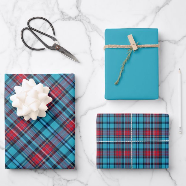 Deep Indigo, Aqua, Red & Shades of Blue Plaid Wrapping Paper Sheets (Front)
