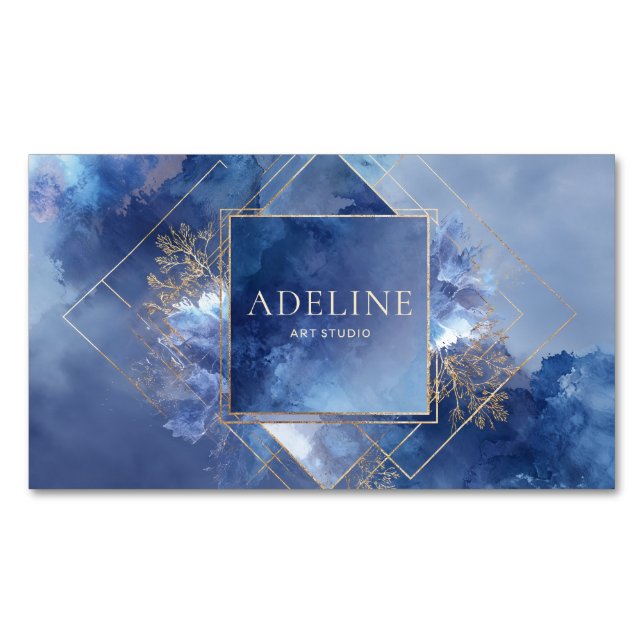 Deep Indigo Gold Geometric Abstract Celestial Business Card Magnet (Front)