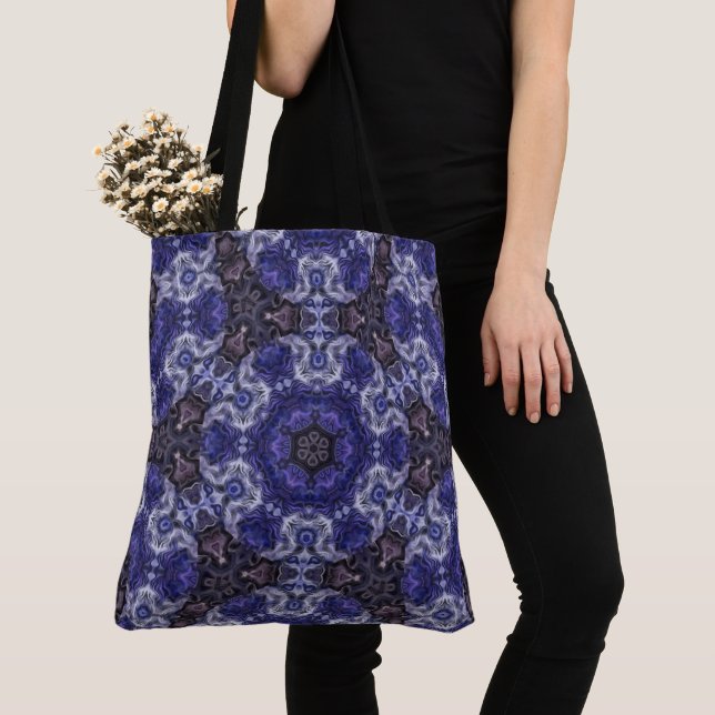 Deep Indigo Swirl Mandala with Fluid Patterns Tote Bag (Close Up)