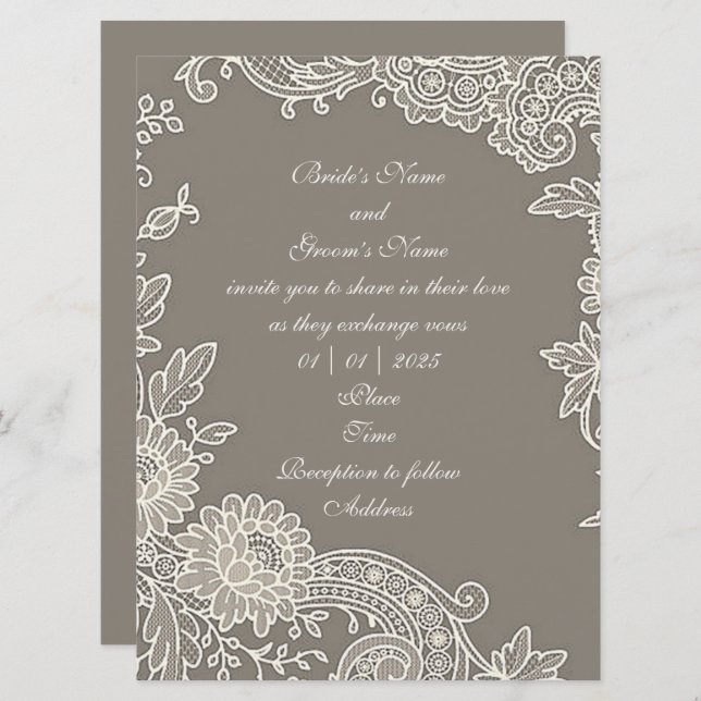 Deep Khaki Gray with Floral Scroll Wedding  Invitation (Front/Back)