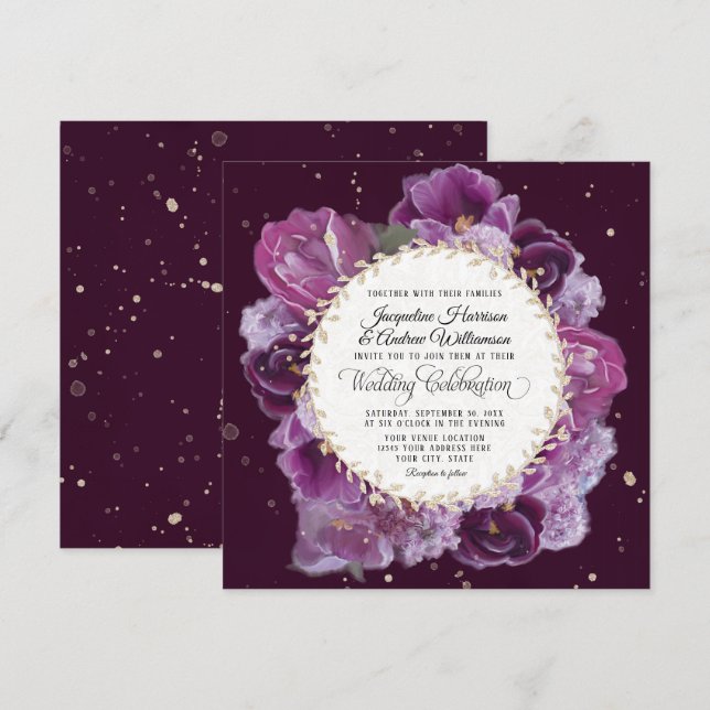 Deep Lavender Purple Floral Pastels w Leaf Wreath Invitation (Front/Back)