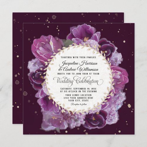 Deep Lavender Purple Floral Pastels w Leaf Wreath Invitation