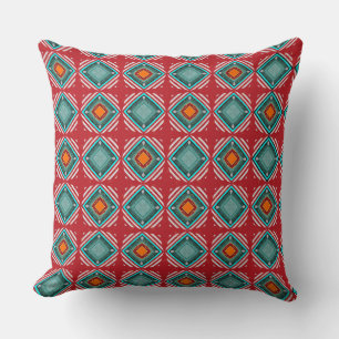 Deep Layered Red, White and Turqouise Squares Throw Pillow