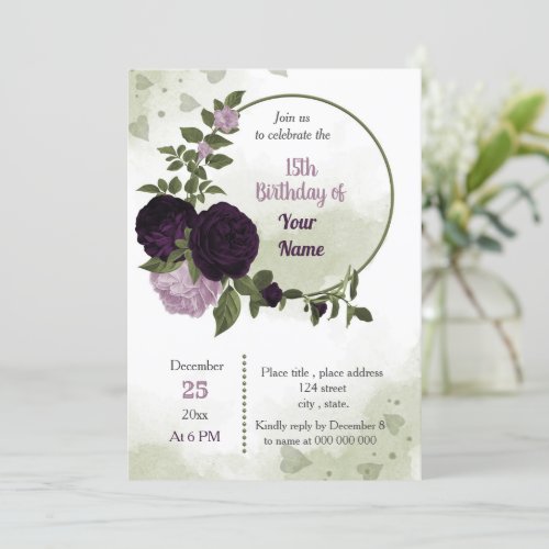 deep light purple flowers green wreath birthday  invitation