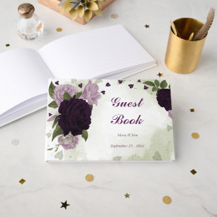 deep & light purple flowers greenery guest book
