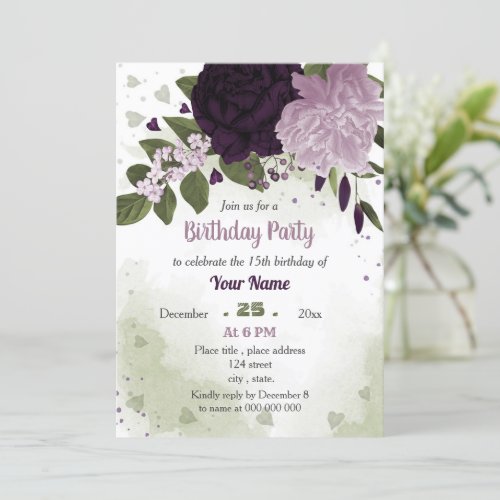 deep light purple flowers greenery  invitation