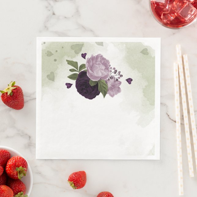 Deep & light purple flowers greenery paper dinner napkins (Insitu)