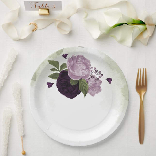 Deep & light purple flowers greenery paper plates (Wedding)