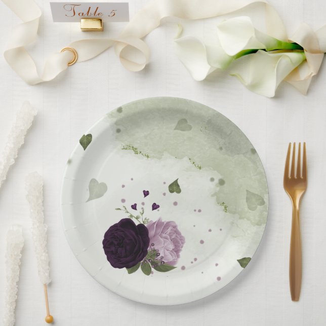 Deep & light purple flowers greenery paper plates (Wedding)