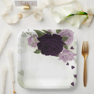 Deep & light purple flowers greenery paper plates