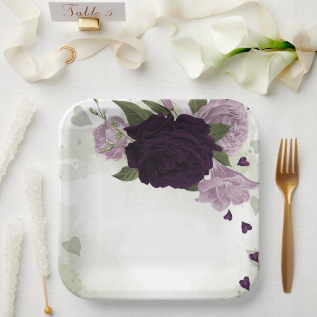 Deep & light purple flowers greenery paper plates (Wedding)