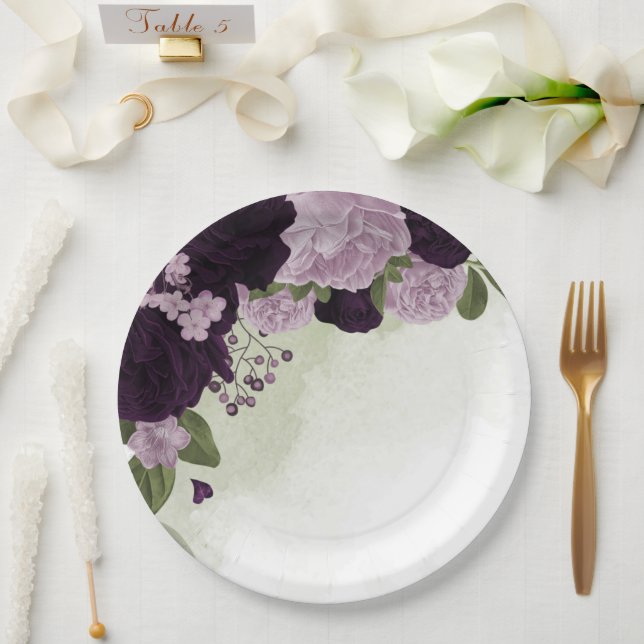 Deep & light purple flowers greenery paper plates (Wedding)