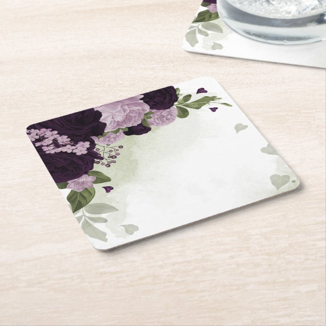 Deep & light purple flowers greenery square paper coaster (Angled)