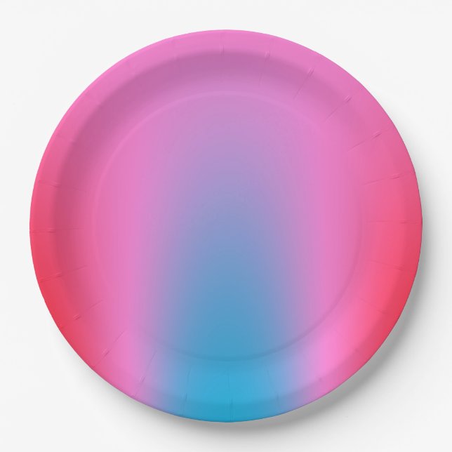 Deep Magenta Pink to Red & Blue Ombre Party Paper Plates (Front)
